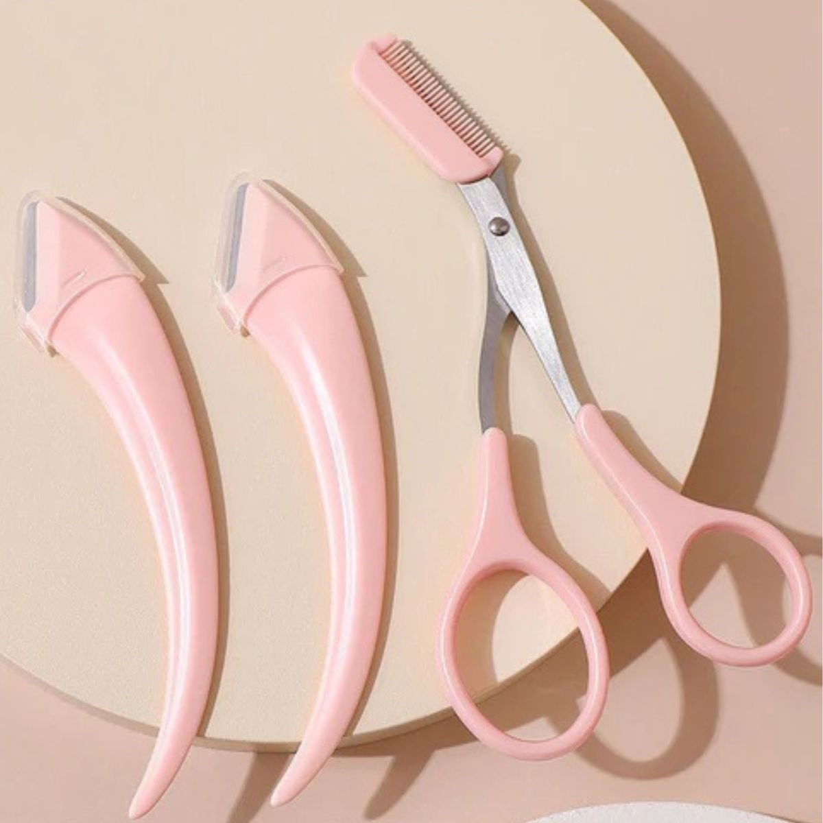 Curved eyebrow trimming knife with comb pink beauty tool