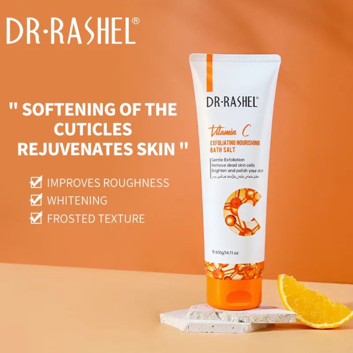 Dr Rashel Vitamin C exfoliating and nourishing bath salt 400g for smooth, glowing skin with Epsom salt for relaxation and detox"